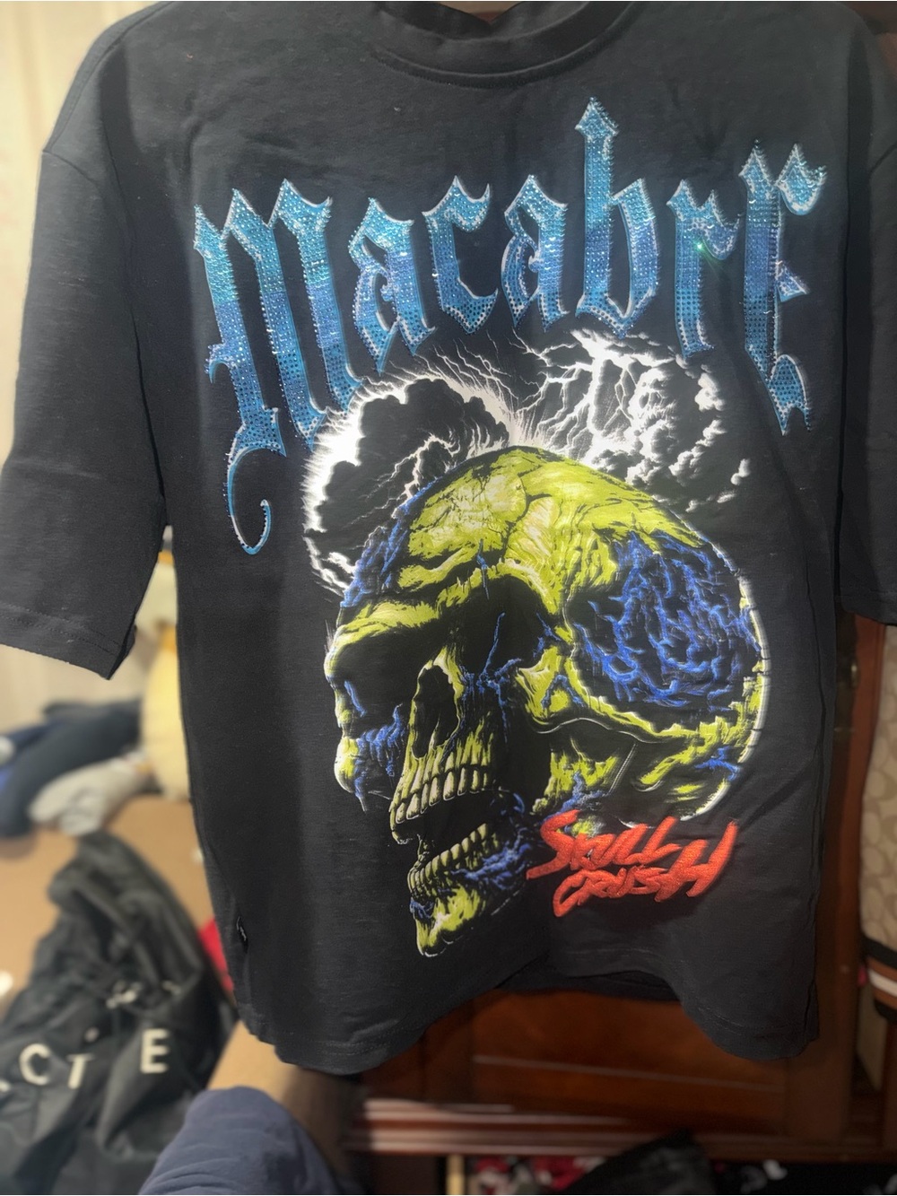 Macabre Skull Graphic Tee in Black with Neon Yellow & Blue